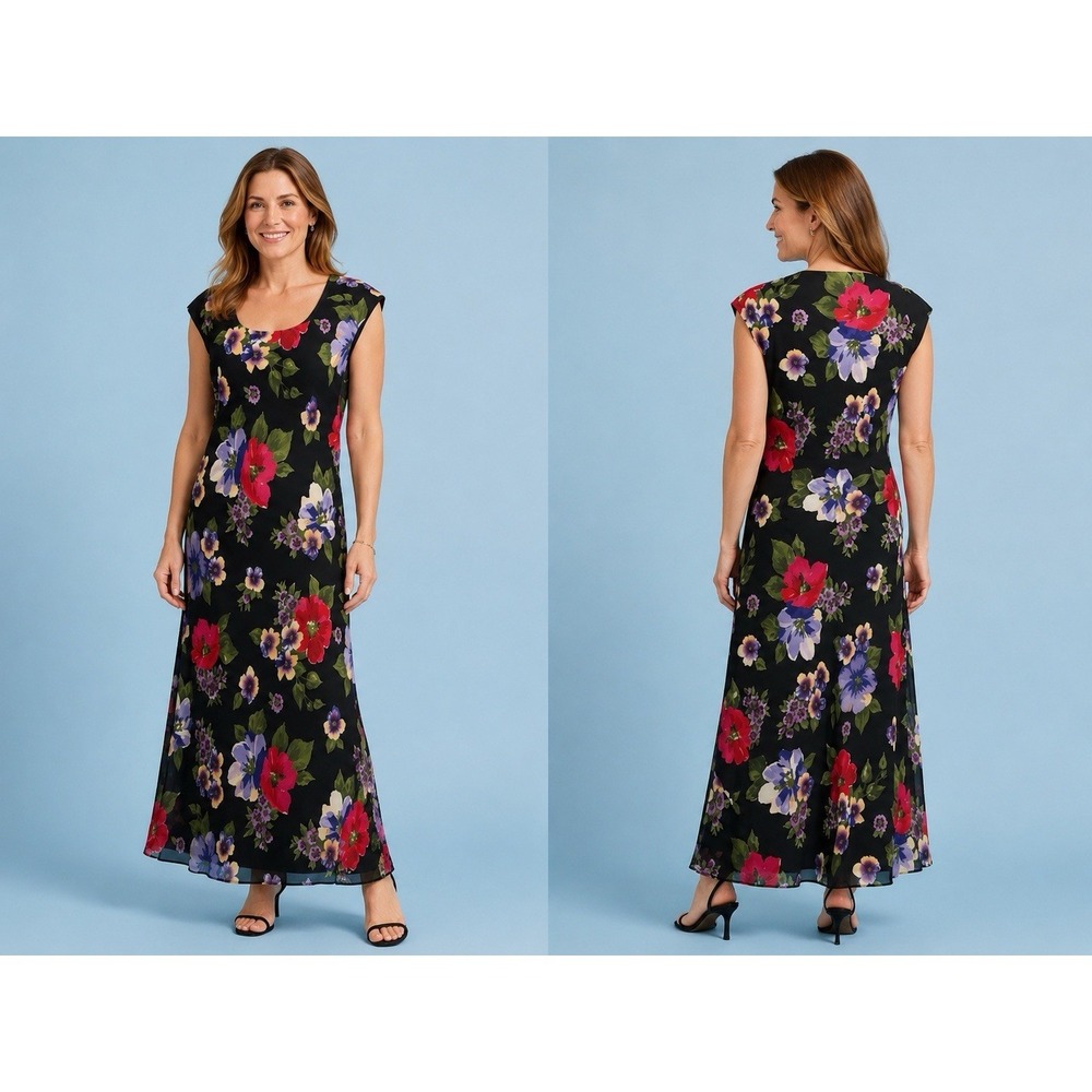 David Warren NY Black Floral Dress Sleeveless Long Multi Color Slip Lining 14
